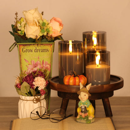 OWLZOO Set of 3 Gray Glass Flameless Candles Battery Operated with Timer and Remote, Flickering Glass LED Pillar Candles Battery Powered, Real Wax, D3 H4 5" 6"