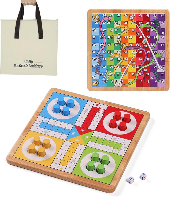 12 Inches Ludo Board Game + Snakes&ampLadders 2 in 1 Classic Board Game for Adults and Kids Including 1 Game Board 2 Dice 16 Game Pieces Rules and Carrying Bag.