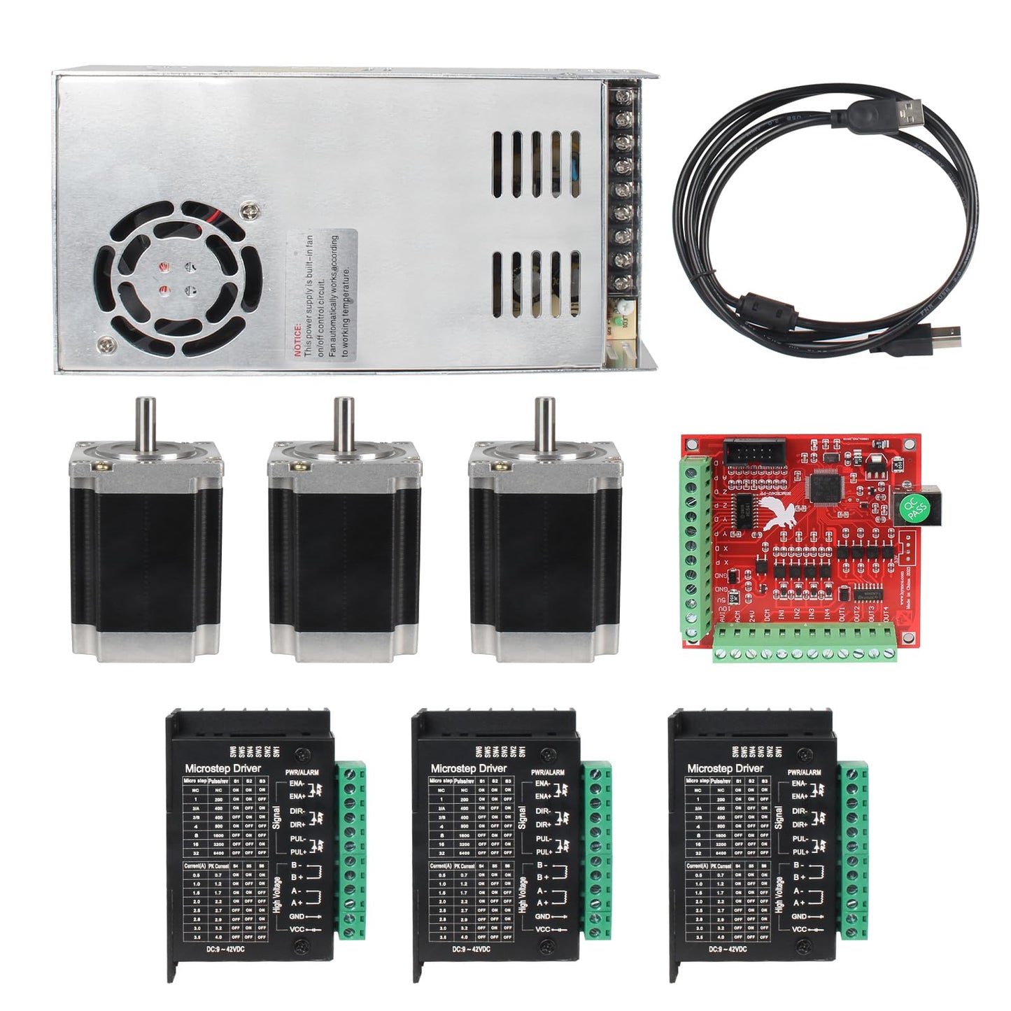 RATTMMOTOR CNC Controller Kit, 3 Axis CNC Kit with Nema23 Stepper Motor 57*76mm 270Oz-in 3A 1.8Nm, TB6600 Driver 4A, USB Mach3 CNC Motion Control Card Breakout Board, 24V Power Supply for CNC Machine