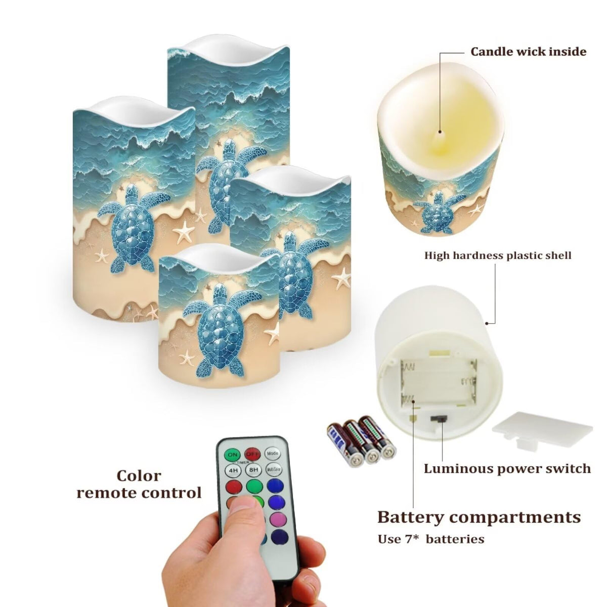 Cozeyat Beach Dolphin LED Pillar Candles 4 Pack Battery Operated Flameless with Remote Control Timer Color Changing for Wedding Birthday Home Garden