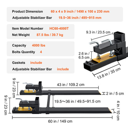 VEVOR Pallet Forks, 4000 lbs Clamp on Pallet Forks, 60" Total Length Heavy Duty Pallet Forks with Adjustable Stabilizer Bar, Tractor Bucket Forks for Loader Bucket Skid Steer Tractor