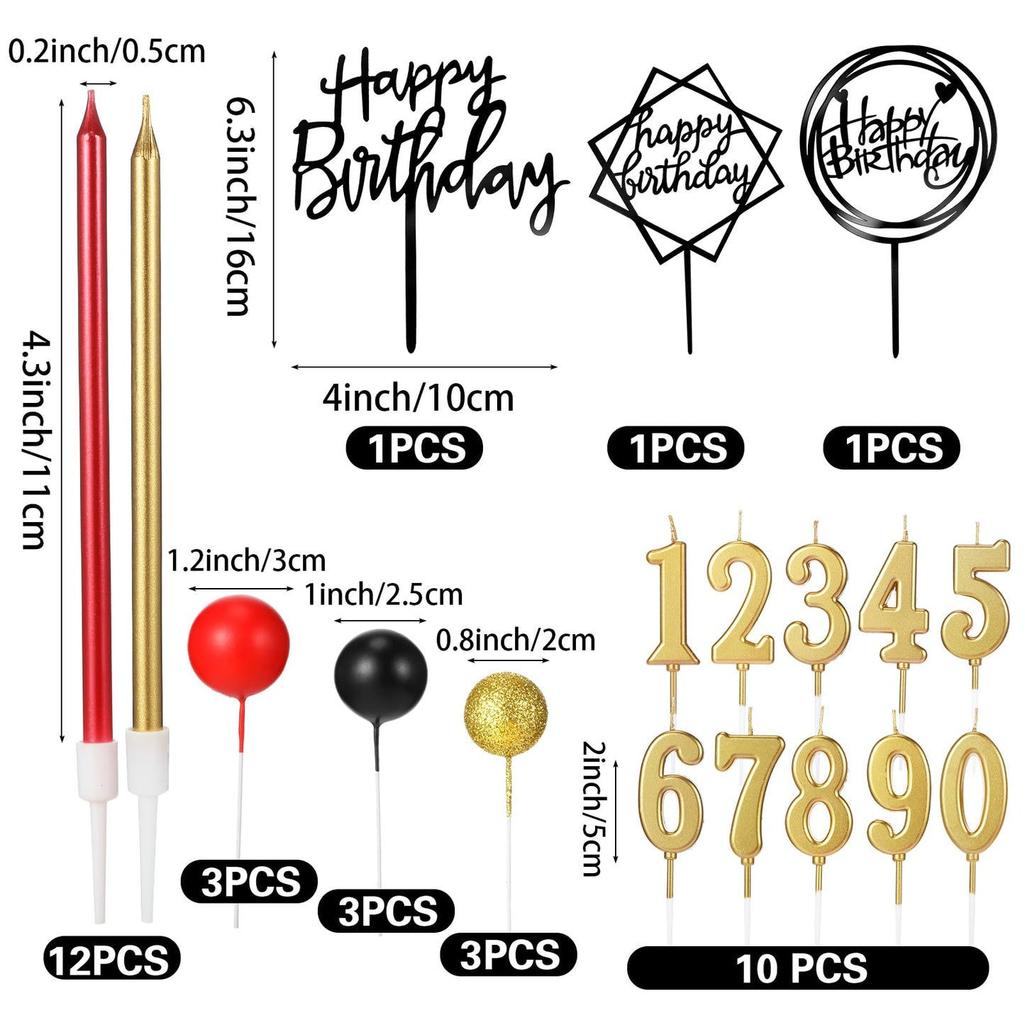 Yerliker 34 Pcs Happy Birthday Cake Toppers Decorations Birthday Candles DIY Cake Decor for Men Women Wedding Anniversary(Black Red Gold)