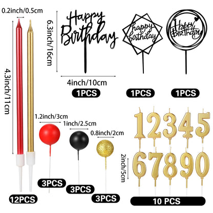 Yerliker 34 Pcs Happy Birthday Cake Toppers Decorations Birthday Candles DIY Cake Decor for Men Women Wedding Anniversary(Black Red Gold)