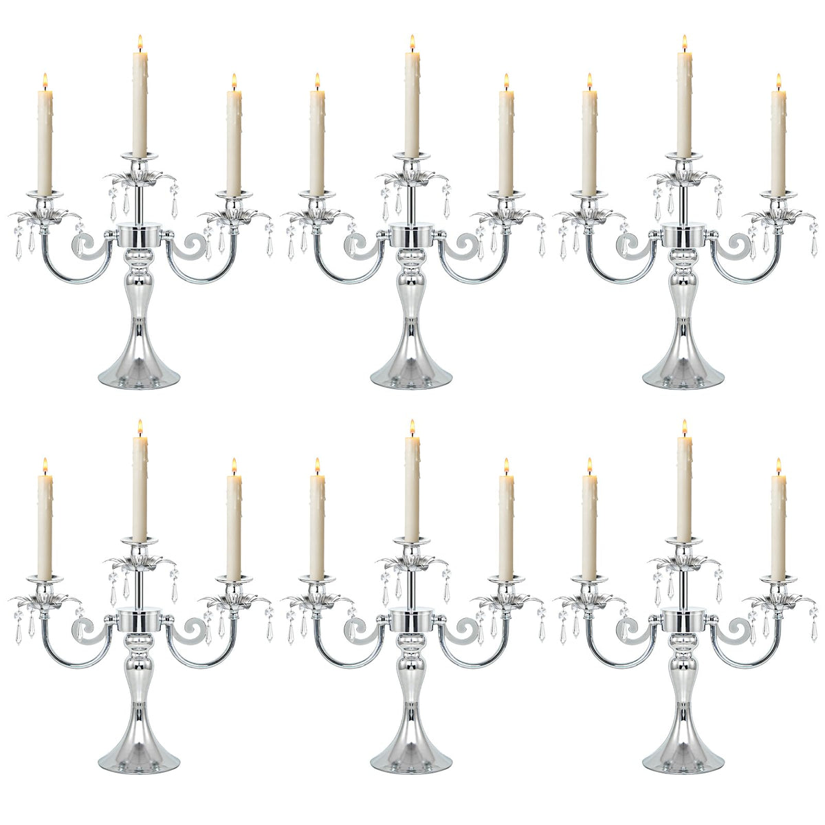 KEHAIL Metal 3 Arm Taper Candlestick Stand with Crystal Pendants - 11.8 Inch Tall Candle Holders, Elegant Centerpieces Candelabra for Wedding, Dining Table, Christmas Party (6Pcs, Silver)