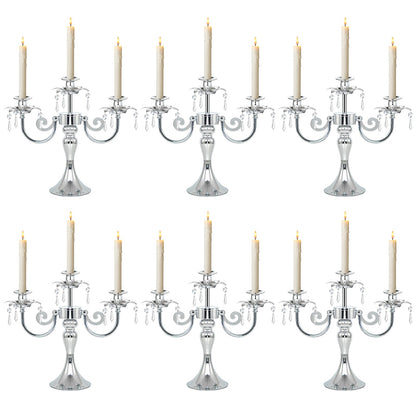 KEHAIL Metal 3 Arm Taper Candlestick Stand with Crystal Pendants - 11.8 Inch Tall Candle Holders, Elegant Centerpieces Candelabra for Wedding, Dining Table, Christmas Party (6Pcs, Silver)