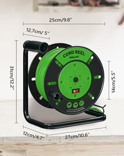WILAWELS Extension Cord Storage Reel with 4-Grounded Outlets and 80 FT Retractable Extension Cord Reel Bundle, for Indoor Outdoor Use J95CR06-U80ACR06