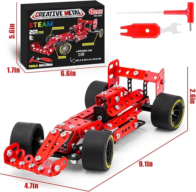 Building Car Metal Model KitsSTEM Building Toys Model Car Kits for Boys 8-12Erector Sets 1:20 Scale Red Racing Car Metal Building Blocks for Kids Boys 8 9 10 11 12-16 Years Old