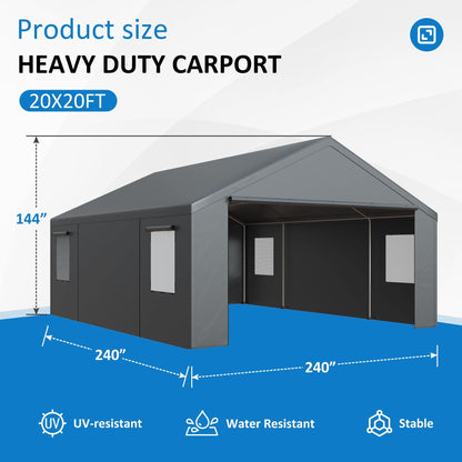 Polar Aurora 20x20 FT Heavy Duty Carport with All-Season Tarp, Portable Car Tent Garage with Roll-Up Windows & Side-Opening Door, Enclosed Car Port Canopy Tent with Galvanized Frame for Car, SUV, Boat