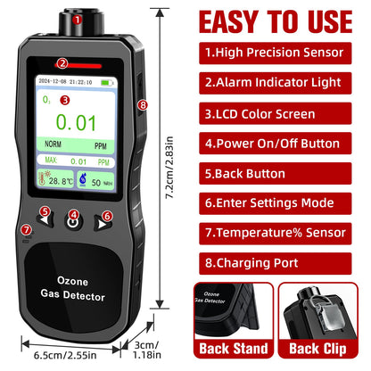 ZYKYCX Portable Ozone Detector, 0-20 PPM Ozone Gas Monitor with 0.01 PPM High Resolution, 16H Long Battery Life, Ozone Meter with Alarm, O3 Air Quality Monitor with Temp & Humidity Tester