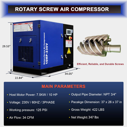 10HP Rotary Screw Air Compressor, 34CFM, 125PSI, 230V 3PHASE 60HZ, Fixed Speed Compressor, Industrial-Grade, Heavy Duty Air Compressed System