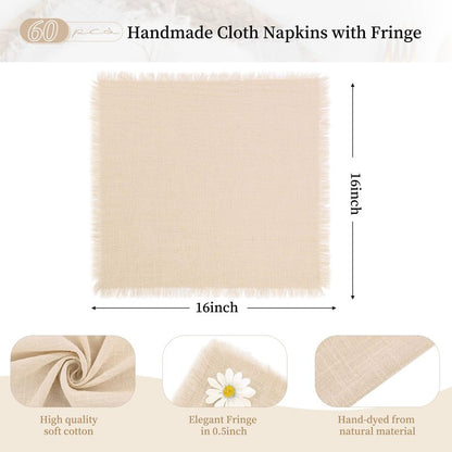 ABKLESACH 60 Pack Beige Cotton Linen Napkins 16 x 16 Inch Beige Napkins Cloth Handmade with Fringe Soft Cloth Napkins Washable Rustic Dinner Napkins Cloth for Wedding Party Dinner Table