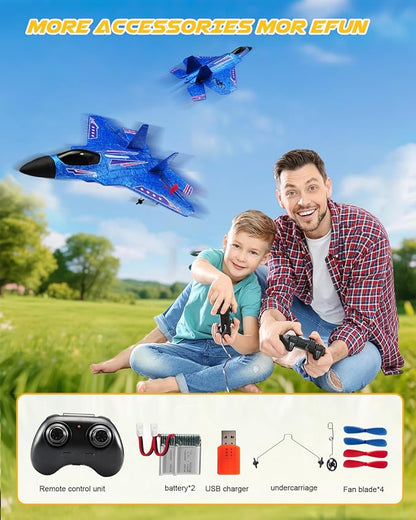 F22 RC Airplane Easy to Fly - 2.4GHz Remote Control Fighter Jet with Gyro Stabilizer &amp LED Lights 2 Batteries Foam RC Glider for Kids Boys Adults Beginners (Blue)