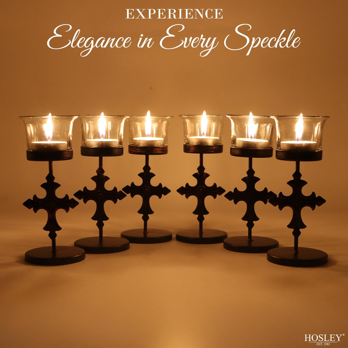 Hosley Set of 6 Black Metal & Glass Votive Candle Holders | Decorative Tea Light Holders for Home Decor, Wedding, Parties, and Dining Table Centerpieces