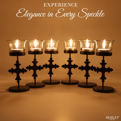 Hosley Set of 6 Black Metal & Glass Votive Candle Holders | Decorative Tea Light Holders for Home Decor, Wedding, Parties, and Dining Table Centerpieces