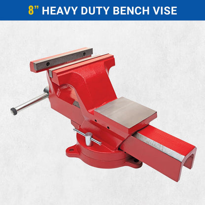Yost Vises ADI-8 Heavy Duty Vise | 130,000 PSI Tensile Strength Austempered Ductile Iron Bench Vise | 8 Inch Jaw Width with a 360 Degrees Interlocking Swivel Base and 2 Lockdowns | Red