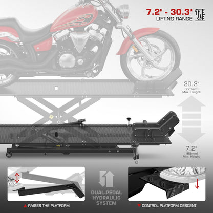 DNA Motoring Motorcycle Lift Table 1000lbs Capacity Motorcycle Support Stand L 86.2in x W 22in Motorcycle Lift Jack Lifting Range 7.2-30.3in Black TOOLS-00780