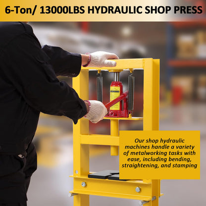 GarveeTech Hydraulic Press 6 T Hydraulic Shop Press, H-Frame Garage Floor Benchtop Press Adjustable Shop Press with Plates, Adjustable Working Table Height, for Gears and Bearings, Yellow