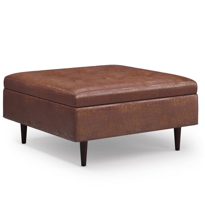 SIMPLIHOME Shay Coffee Table Storage Ottoman - 38 inch Wide Upholstered Vegan Leather Large Square Ottoman in Distressed Saddle Brown, Mid-Century Modern Tufted Ottoman for Living Room with Lift Top