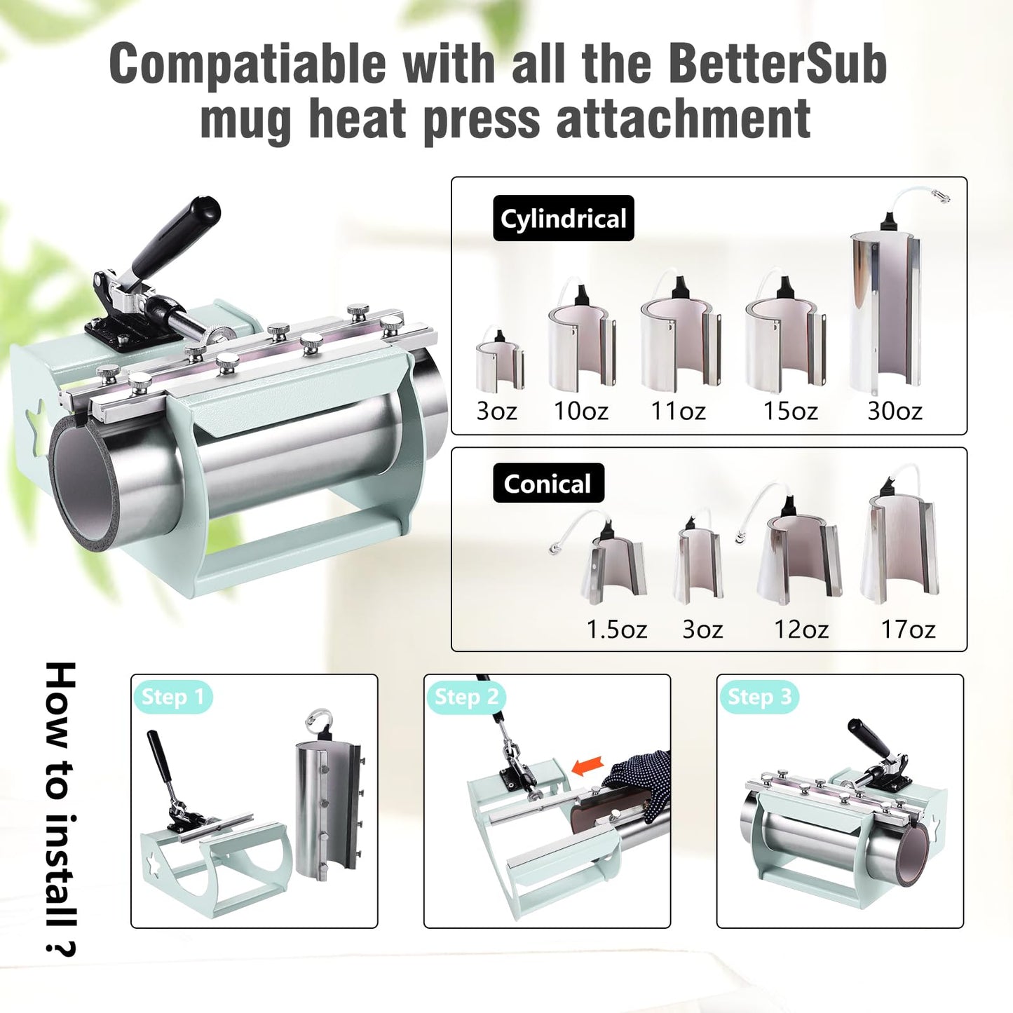 BetterSub Heat Press,5 in 1 Heat Press Machine,T-Shirt Heat Transfer Industrial-Quality Sublimation Machine,360 Degree Swivel 12x15 Print Press Machine for Mug Hat Plate Cap (30oz 5 in 1 12"x15" Teal)