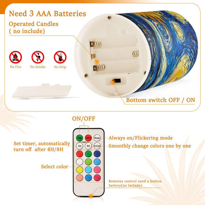 ALAZA Oil Painting Starry Night Sunflower Flickering Flameless Candles Pillar Led Candles Battery Operated Candles with Remote and Timers Set of 2