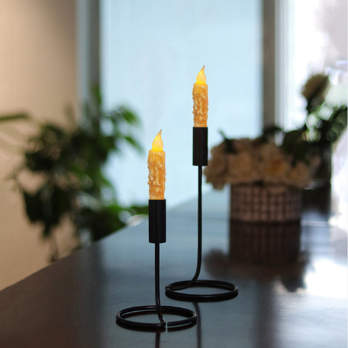 CVHOMEDECO. Real Wax Hand Dipped Battery Operated LED Timer Taper Candles Rustic Primitive Flameless Lights Decor, 4-3/4 Inch, Orange, 6 PCS in a Package