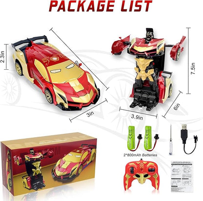 Iron Man Remote Control Car Toy for Boys 2.4Ghz RC Transform Robot Toy 1:18 Scale One-Button Deformation 360°Rotation Car with Underbody Lights Gifts for Boys Age 3 4 5 6 7 8 9 10 11 12