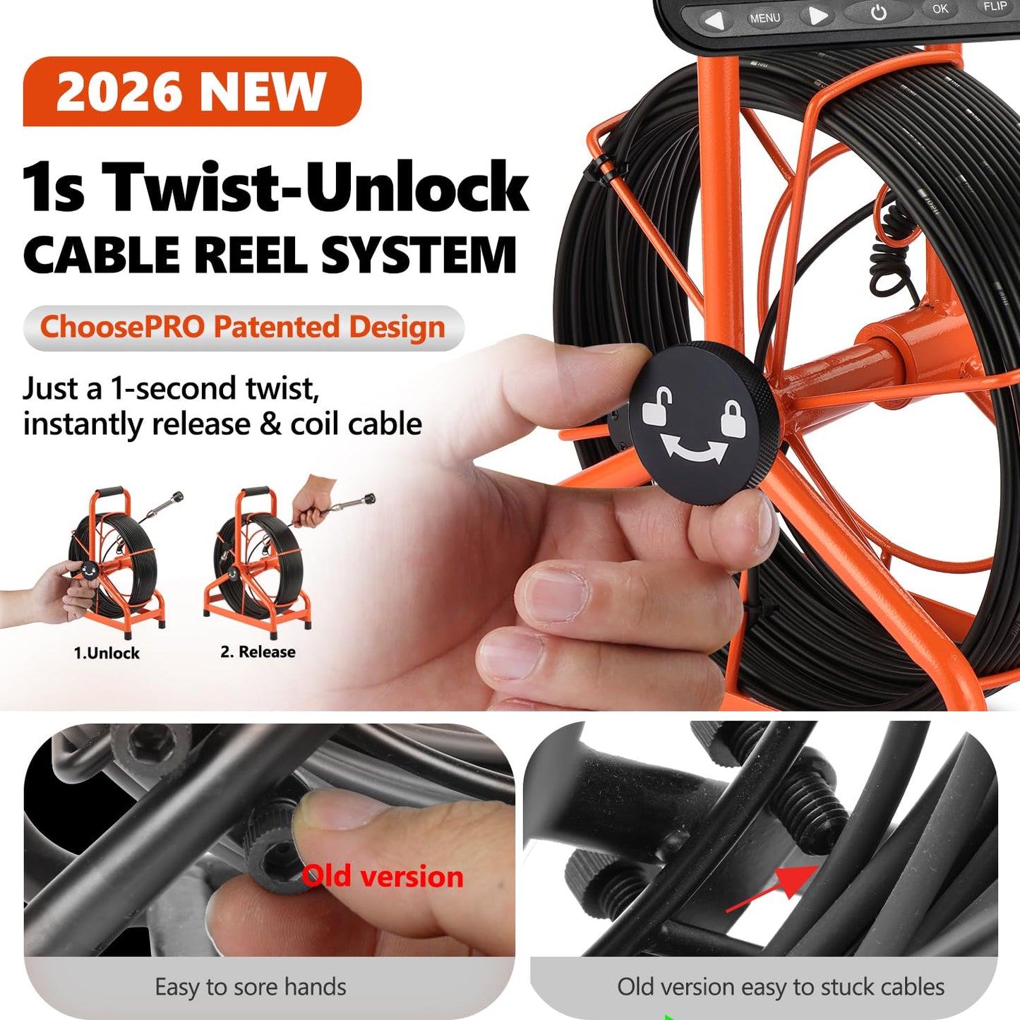 𝟐𝟎𝟐𝟔 𝐧𝐞𝐰 7” Sewer Camera, HD 1080P w/DVR-32GB, [New 1s Twist-to-Unlock System] Plumbing Snake Pipe Inspection Camera, [Thicker Cable Reel] Drain Camera, 5000mAh, [360°+180° Rotate] 100ft/30m