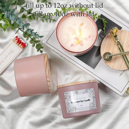 REISEN 6Pcs Assorted Pink Candle Jars for Making Candles, 12oz Empty Candle Jars with Bamboo Lids,Labels and 100g Crystal Rocks, Glass Jars for Candle Making Supplies, Candle Containers for DIY Gifts
