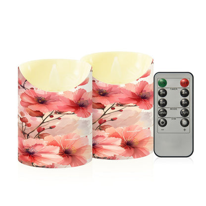 ALAZA Leaves Red White Flower Flickering Flameless Candles Battery Operated with Remote Timer,Tea Light Candles LED Pillar Votive Set of 2 for Outdoor Indoor Decorations 3" x5.9"