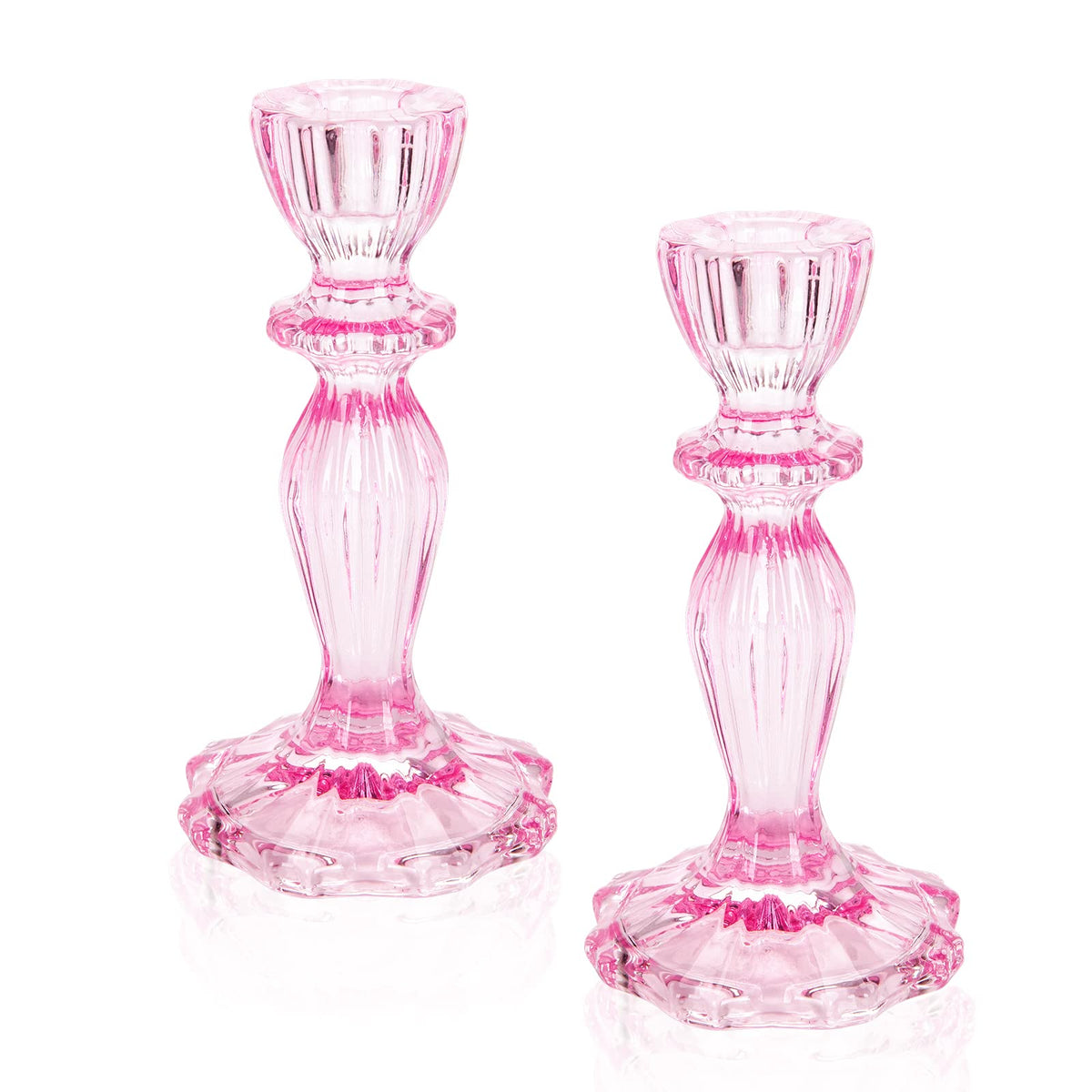 Glass Candle Holders, 2PCS Decorative Candle Stand Wide Base Candlestick Holder Table Centerpiece Decor for Wedding Festival Party Windowsill, Pink