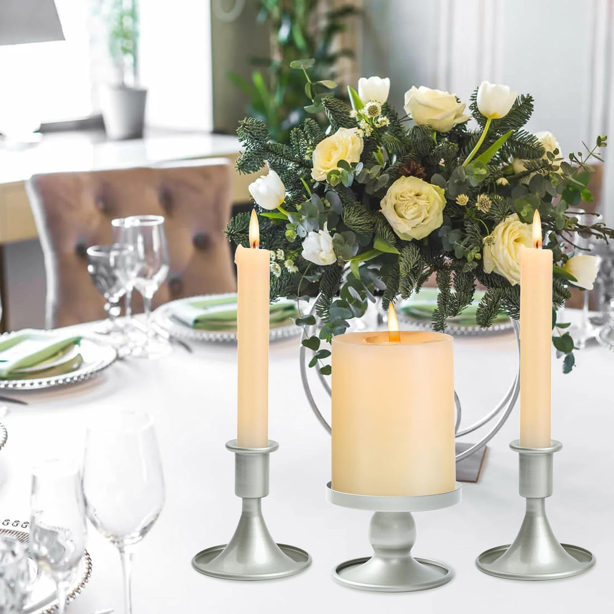 Unity Candle Holder - Unity Candle Holders for Weddings, Metal Unity Candlestick Holder Set of 3, Decorative Unity Candle Stand for Wedding Ceremony Table Centerpiece Decoration Gift (Silver)