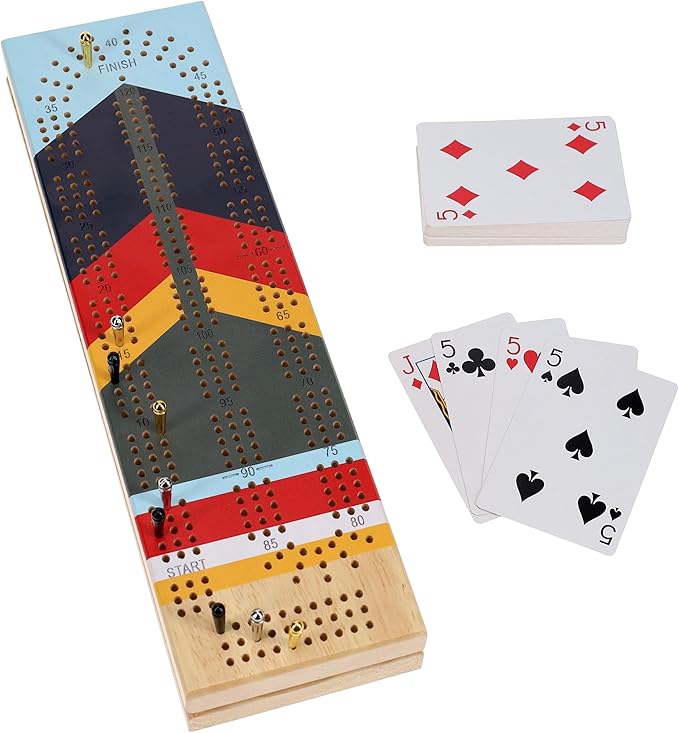 Canoe Cribbage Board Game Set Camp Nautical Print Continuous 3 Track Travel Cribbage Boards Unique Wooden Board Games for Adults 9 Metal Cribbage Pegs 12 Inches