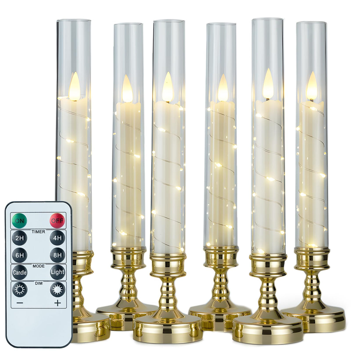 Prerish 6 PCS Flameless Candles with Timer, Flickering Flameless LED Pillar Candles for Romantic Ambiance with Embedded Star String, Acrylic Battery Perated Fake Candles for Home Decoration (Gold)