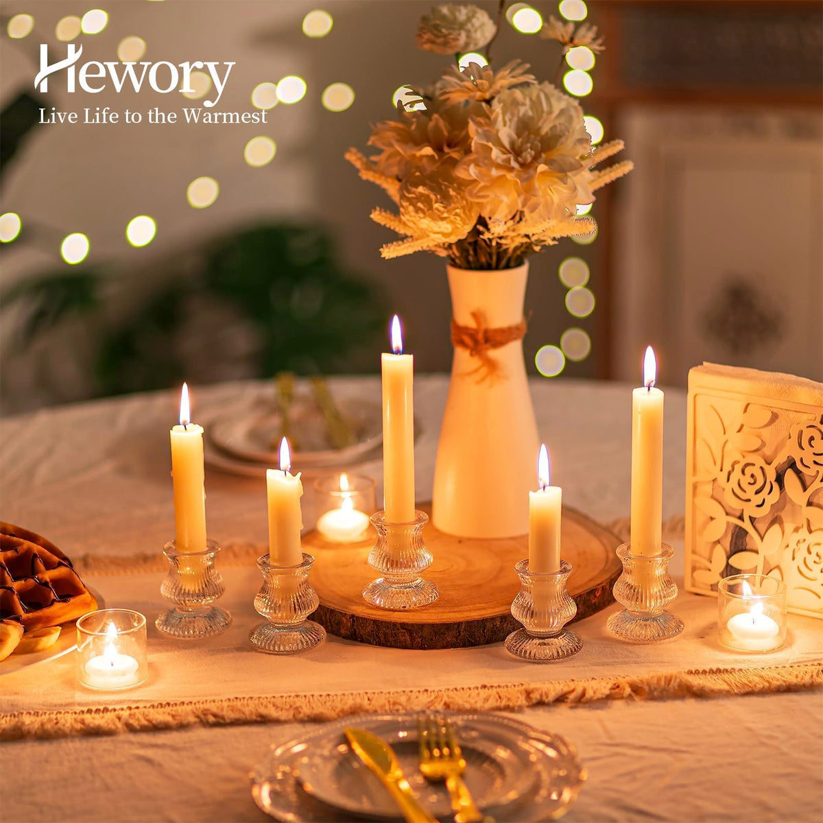 Hewory Glass Taper Candle Holders: 20PCS Clear Candle Holder Candlestick Holders, Crystal Ribbed Candle Sticks Holder Decor for Table Centerpiece Wedding Advent Wreath Christmas Thanksgiving Dinner
