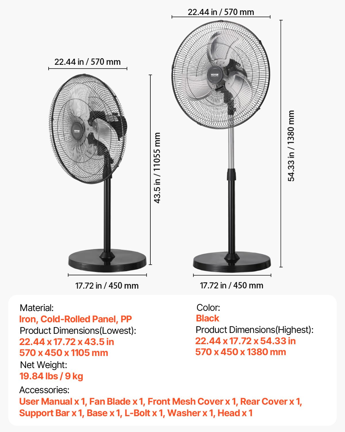 VEVOR Industrial Pedestal Fan, 20 Inch 90-Degree Oscillating Fan, Height Adjustable Standing Fans with 3 Adjustable Speeds, High Power Floor Fans for Warehouse,Garage,Commercial, Black
