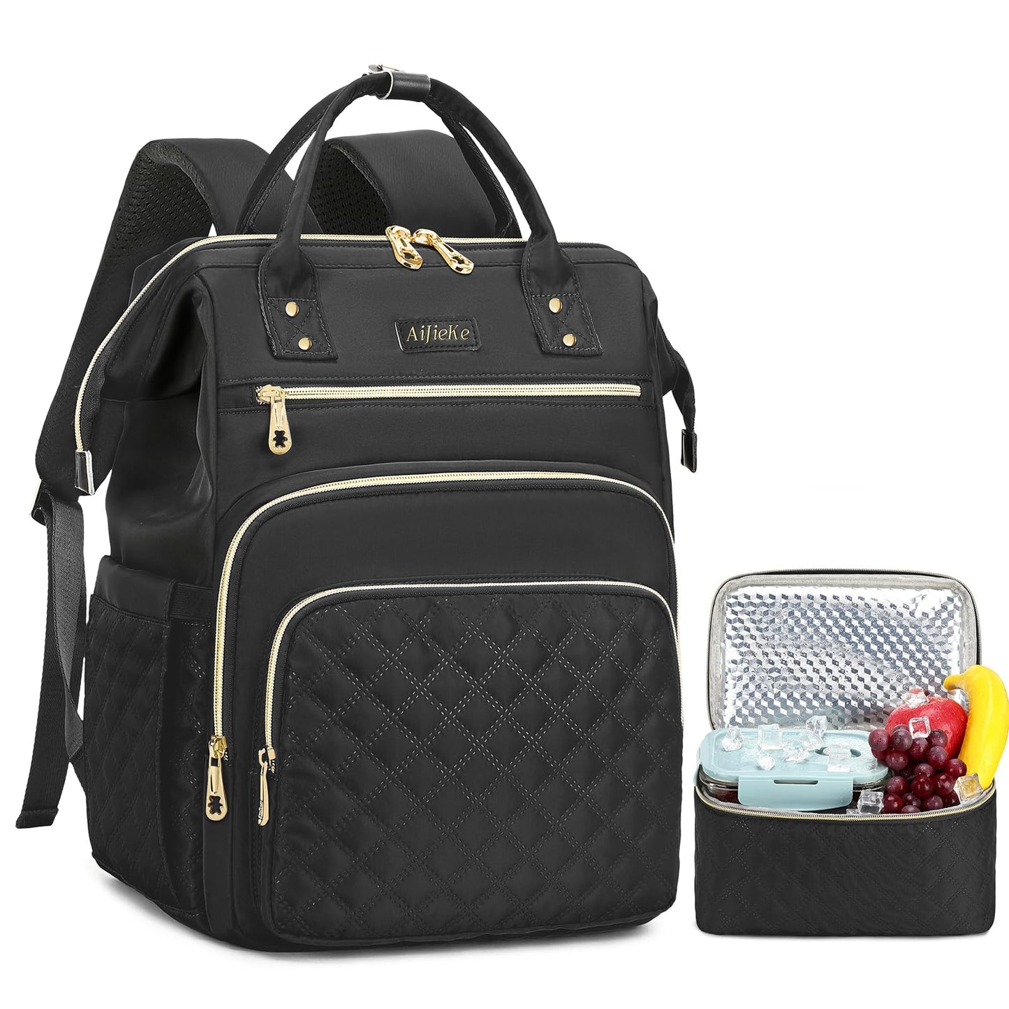 AIJIEKE Lunch Backpack for Women, 15.6 inch Laptop Backpack with Insulated Cooler Lunch Bag Set for Lunch Box Work Backpack for Travel Nurse Teacher, Black