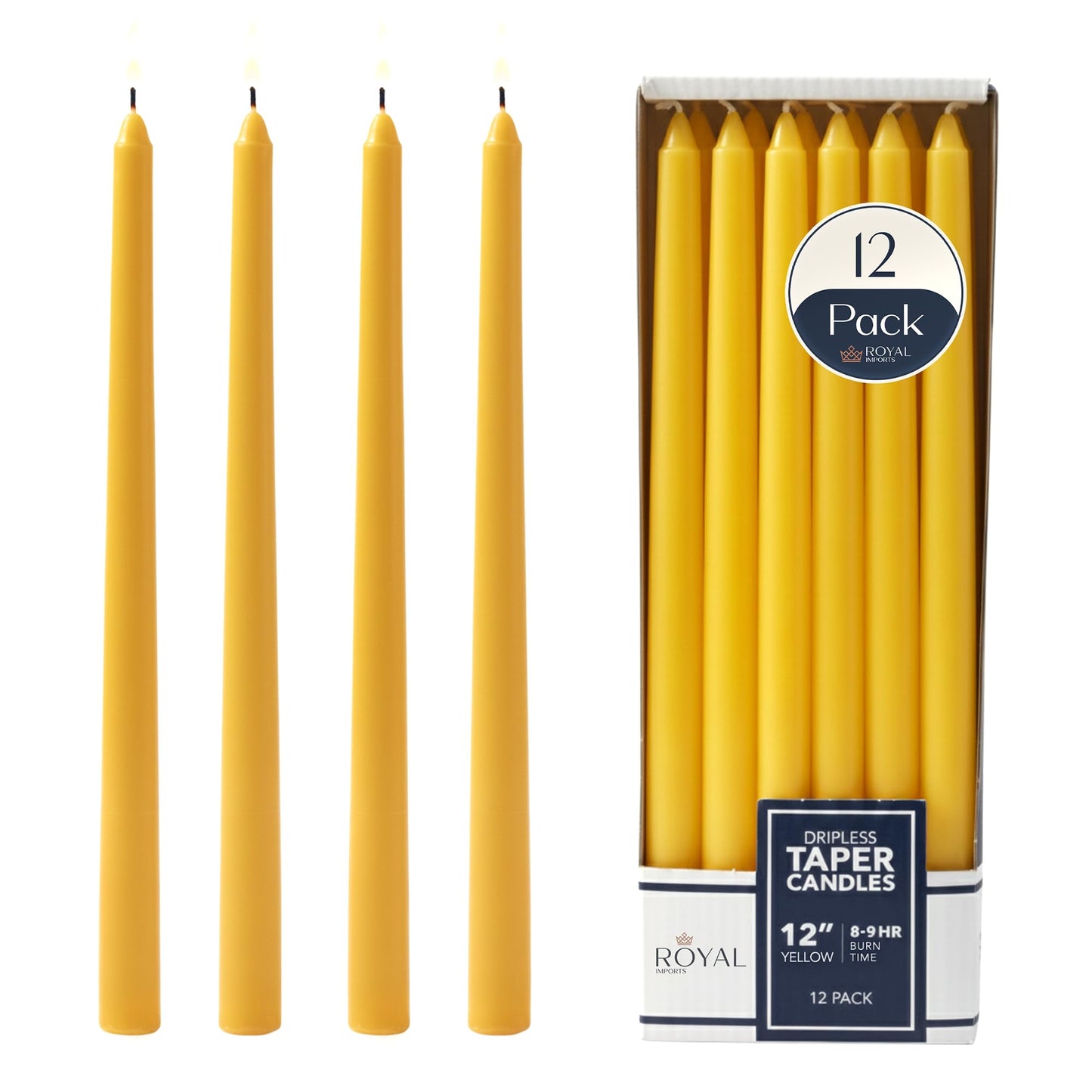 Royal Imports Unscented Taper Candles, Tall Elegant Premium, Dripless & Smokeless, Hand-Dipped for Wedding, Christmas, Holiday, Home Decor - 9 Hour Burn Time - Set of 12 (12 Inch, Yellow)