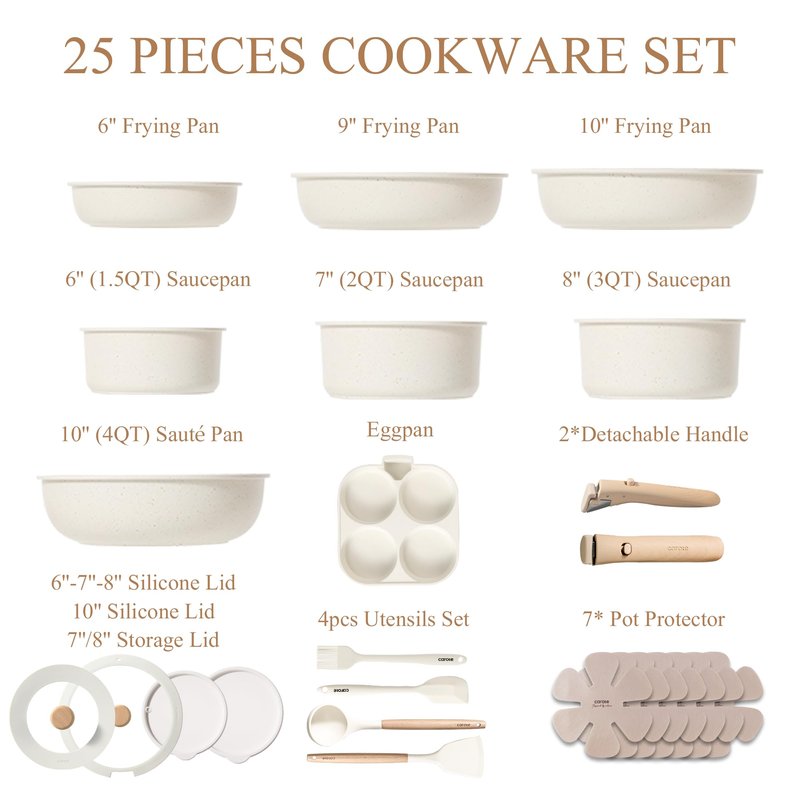 CAROTE Pots and Pans Set Non Stick, Cookware Sets, Kitchen Set, Oven/Dishwasher/Fridge Safe, Space Saving Pots Set, Nonstick Set with Versatile Detachable Handle, Induction RV Set, Cream