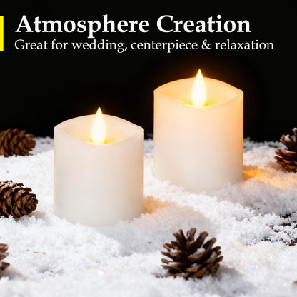 Woocodowe Flickering Flameless Candles Battery Operated with Remote Timer - Realistic 3D Moving Flame Candles, 600+ Hours Long-Lasting White LED Wax Candles for Wedding Home Decor, 3x3 Inch Set of 2