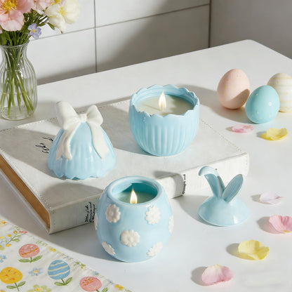 WDS WONDROUS 2-Pack Easter Bunny & Bow Ceramic Jar Candles, Egg Shaped Soy Wax Scented Candles with Daisy and Striped Design, Spring Home Decor Gift Set for Women, Blue Farmhouse Table Centerpiece