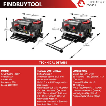 FINDBUYTOOL 13-Inch Thickness Planer with Helical Cutterhead - 2.5HP Motor, 2-Speed (21/12 FPM), 40 Carbide Inserts, Precision Depth Adjustment, Dust Port, LED Light- Professional Woodworking Tool