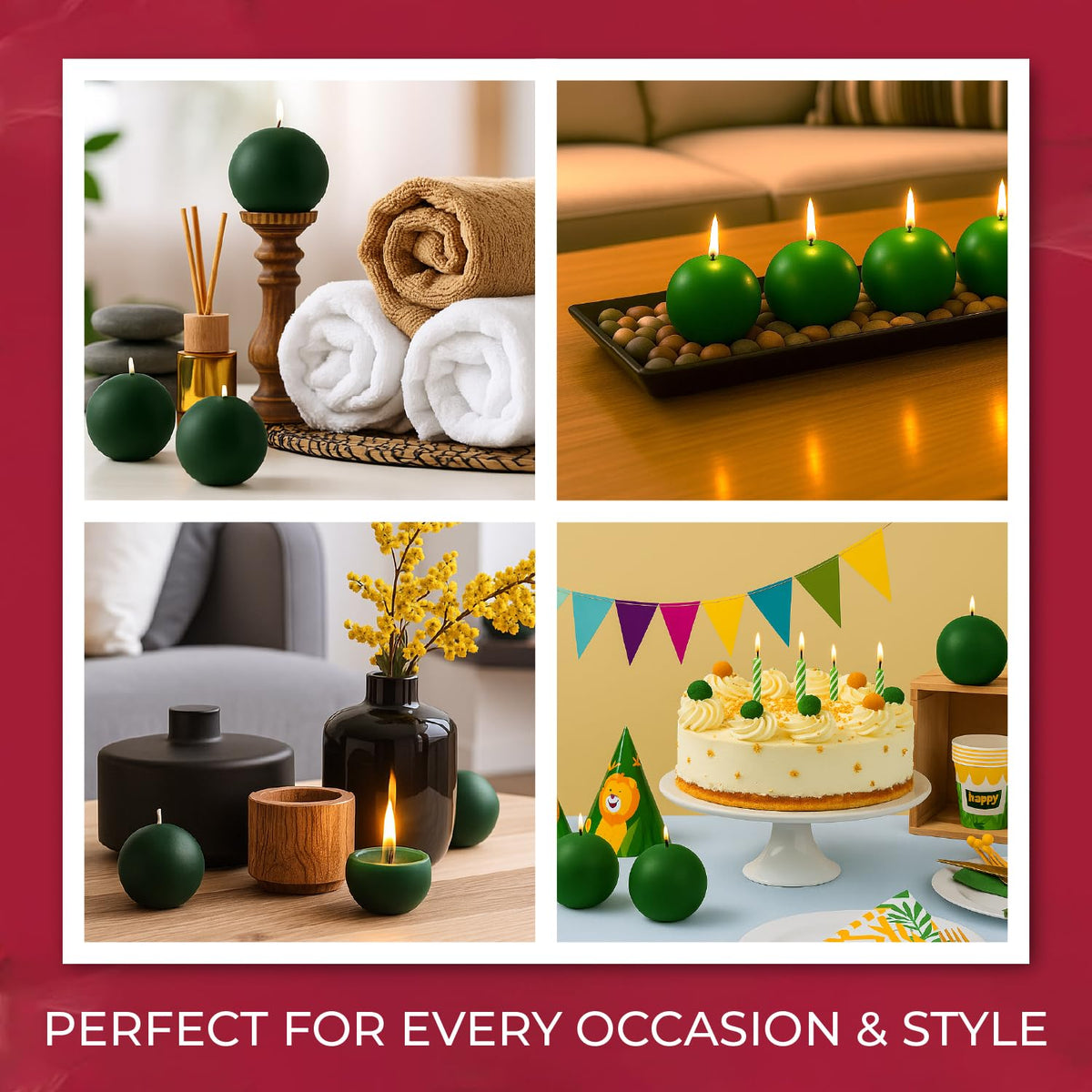 Biedermann & Sons Green Round Candles (Set of 4), Unscented Dripless Balls, 2.5" Spheres, 8 Hour Burn, Decorative Set for Events and Everyday Candlelight