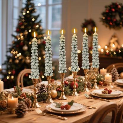 DRomance Christmas Tree Flameless Taper Candles with Remote Timer Battery Operated Flickering LED Candlesticks Real Wax Snowflake Glitters Holiday Indoor Decor(4 Pack, 0.78" D x 9.8" H)