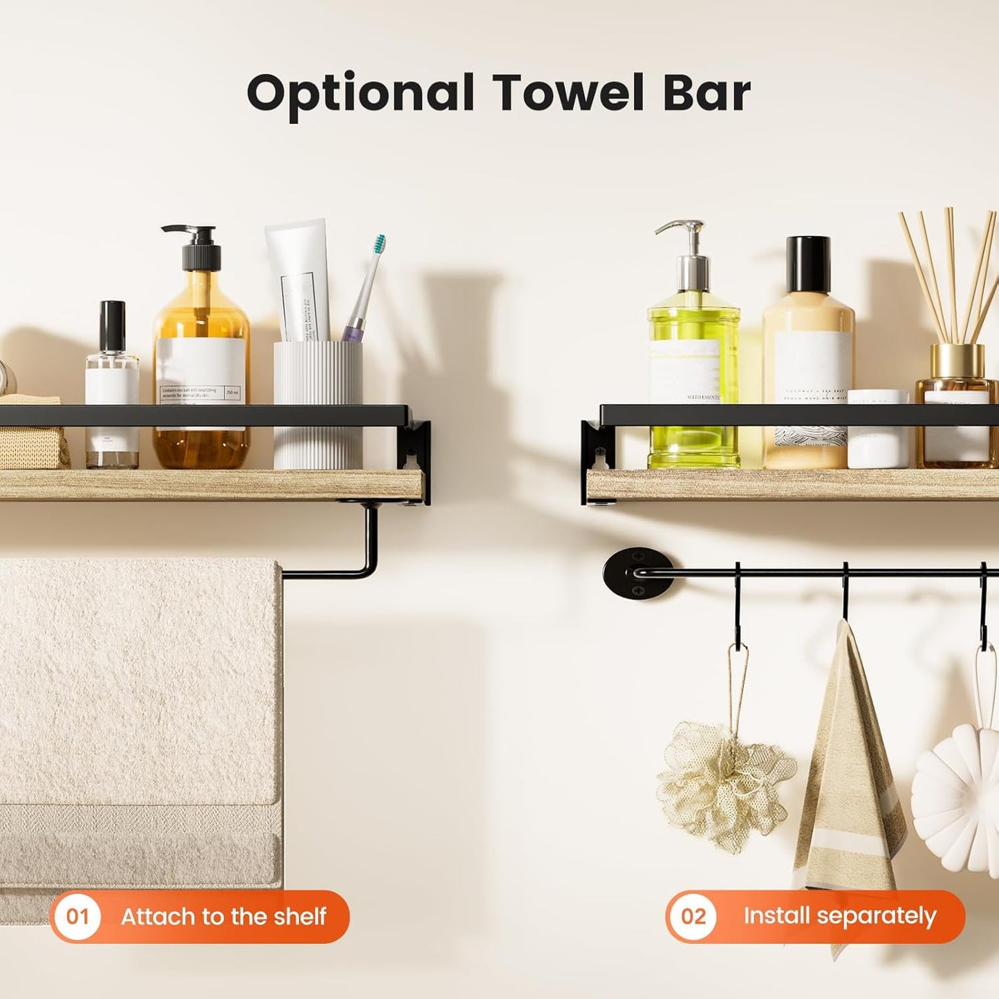 AMADA HOMEFURNISHING Bathroom Shelves with Towel Bar, Floating Shelves, Wall Shelves for Bathroom/Living Room/Kitchen/Bedroom, Light Brown Shelves Set of 2 - AMFS01