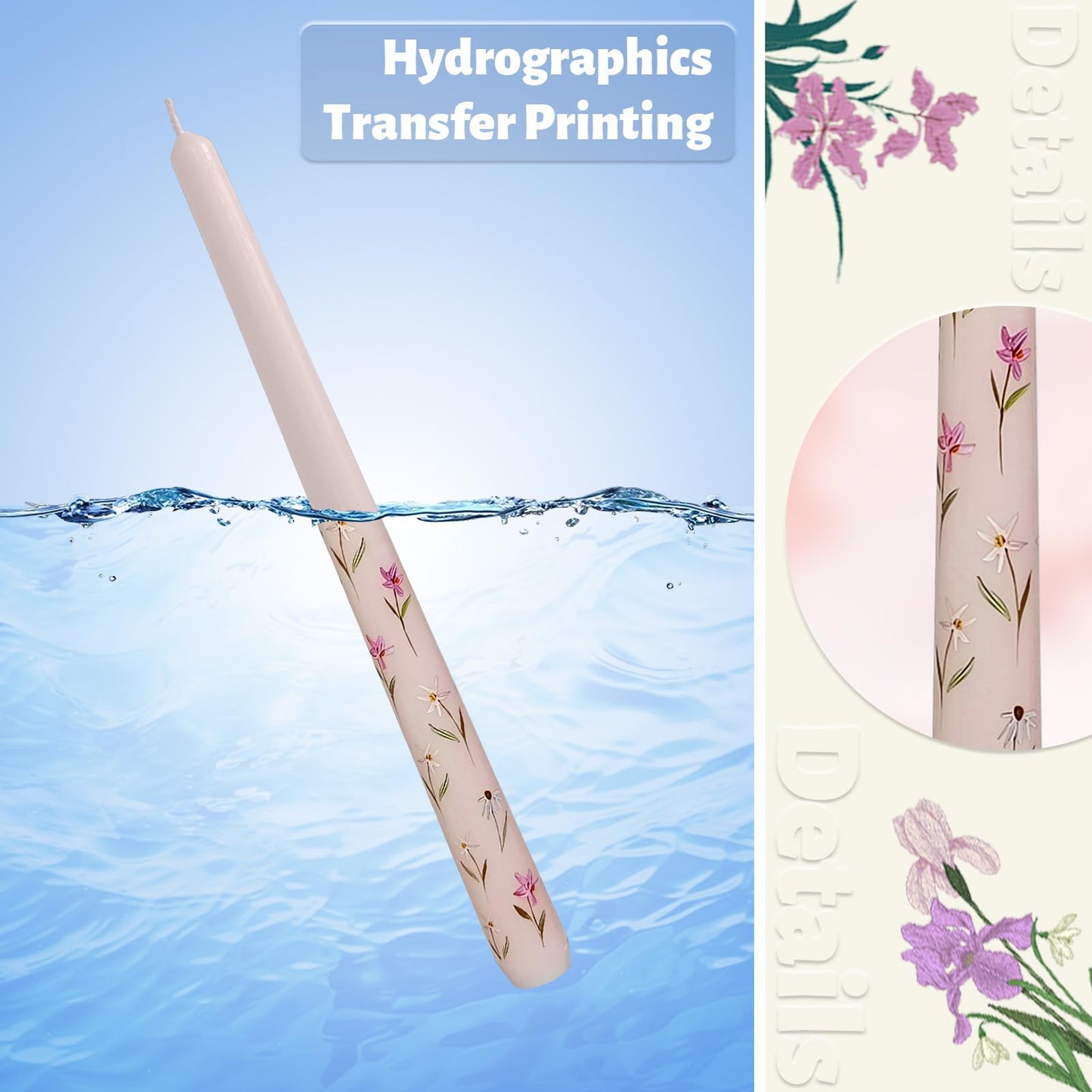 Taper Candles 10 Inch Print Candle Handmade Unscented Light Pink Iris Long Candles 2 Pack Twisted Candlesticks for Wedding Home Decoration Gifts