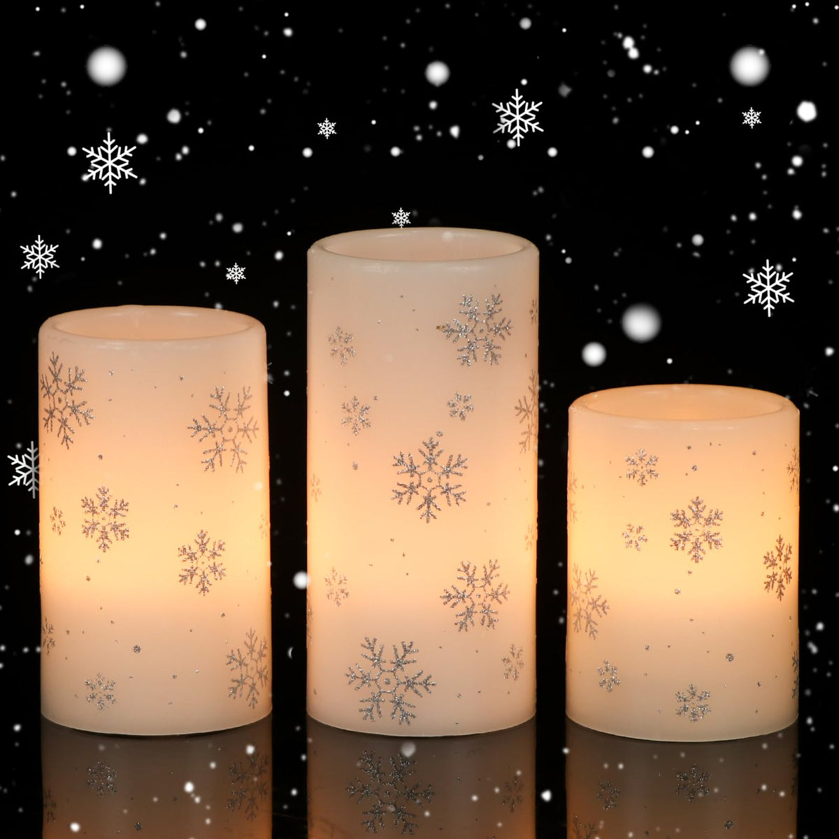Eldnacele Christmas Flickering Flameless Candles with 6 Hour Timer, Silver Snowflake Decal Battery Operated Real Wax LED Pillar Candles Home Tabletop Holiday Decor(3Pcs,3×4/5/6 Inches)