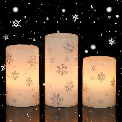 Eldnacele Christmas Flickering Flameless Candles with 6 Hour Timer, Silver Snowflake Decal Battery Operated Real Wax LED Pillar Candles Home Tabletop Holiday Decor(3Pcs,3×4/5/6 Inches)