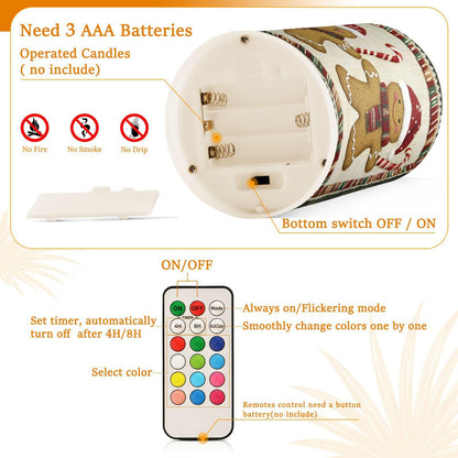 ALAZA Christmas Gingerbread Candy Cane03 Flickering Flameless Candles Battery Operated with Remote Timer,Tea Light Candles LED Pillar Votive Candles Set of 2 for Outdoor Indoor Decorations