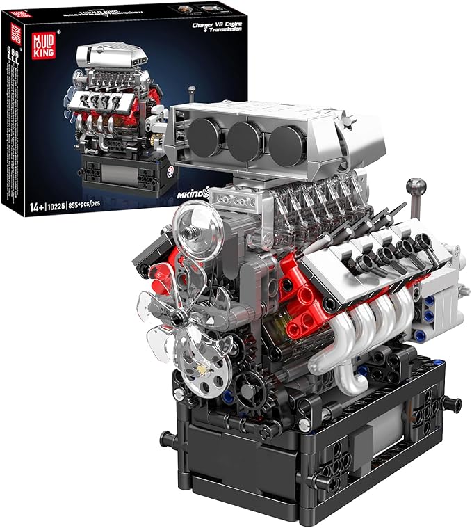 Mould King 10225 V8 Engine Model Kit that Works - Car Engine Building Blocks Kit with Battery STEM Mechanic Engineering Construction Set Collection Model Gift for Adults(855 PCS)