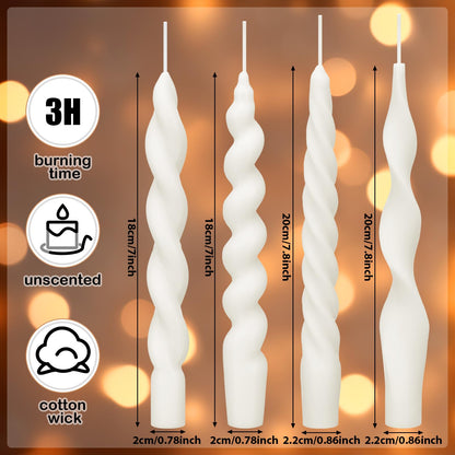 Nuanchu 4 Pcs Twisted Taper Candles Wax Unscented Smokeless Spiral Swirl Candlesticks for Wedding Holiday Dinner Party Home Decorations(7.87 Inch,Pure,White)